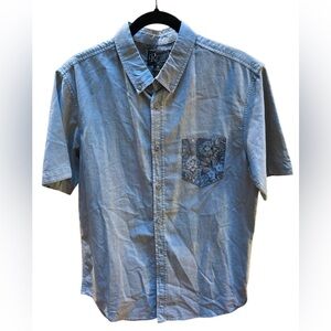 Retrofit Chambray Button Down Shirt Paisley Pocket Blue Short Sleeve Size M